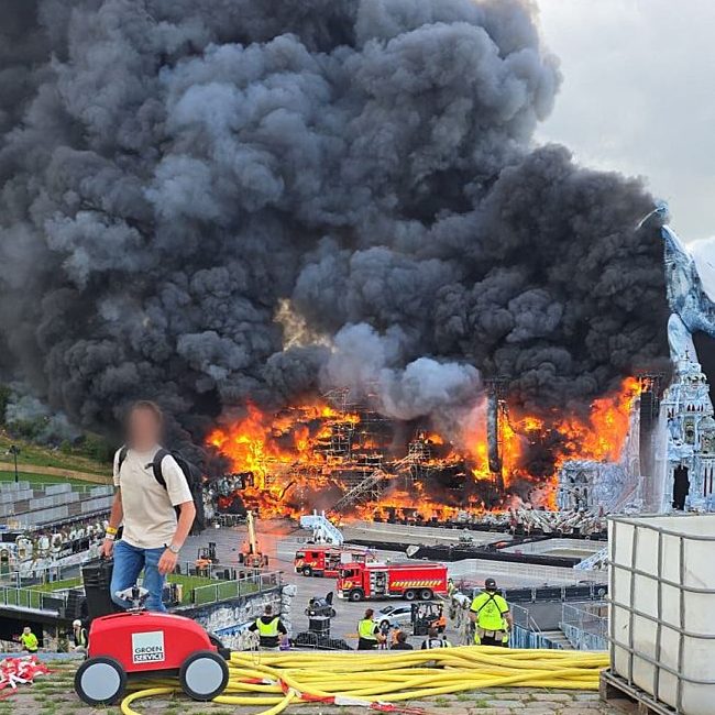A fire at the festival site of the Tomorrowland electronic music festival, Wednesday 16 July 2025, in Boom