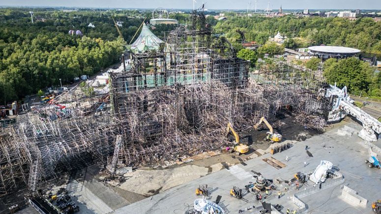 This aerial drone image shows the festival site after yesterday's fire at the Tomorrowland electronic music festival on Thursday 17 July