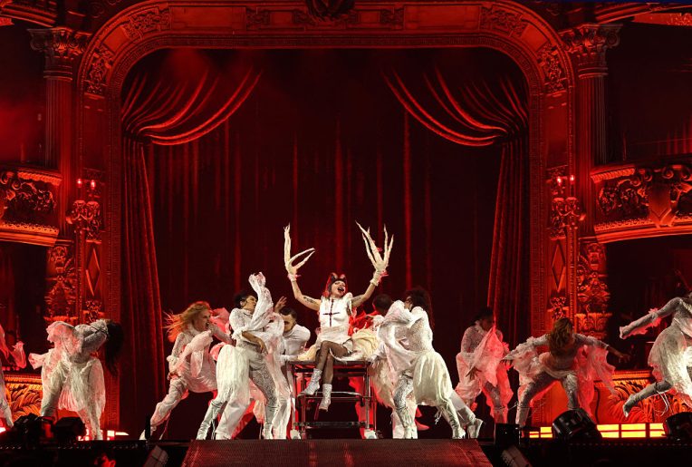 Lady Gaga performs during the kick off of The MAYHEM Ball tour at T-Mobile Arena