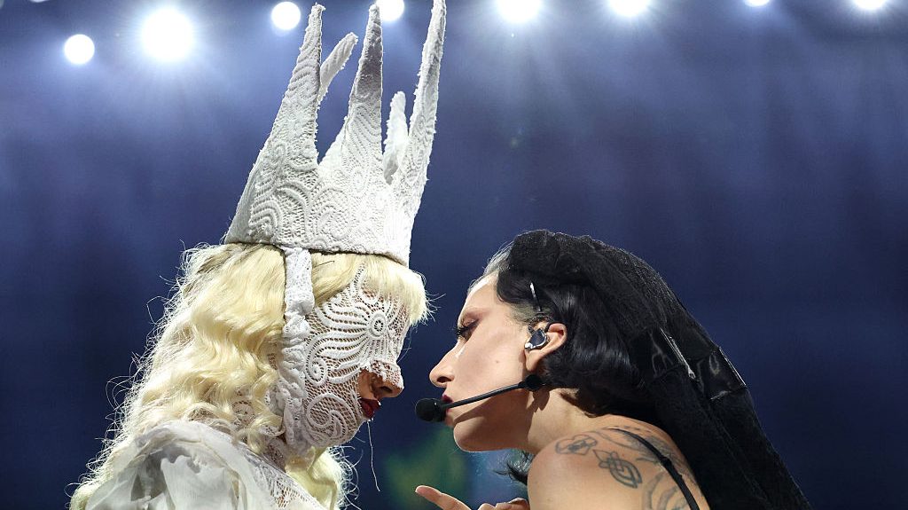 Lady Gaga performs during the kick off of The MAYHEM Ball tour at T-Mobile Arena on July 16,