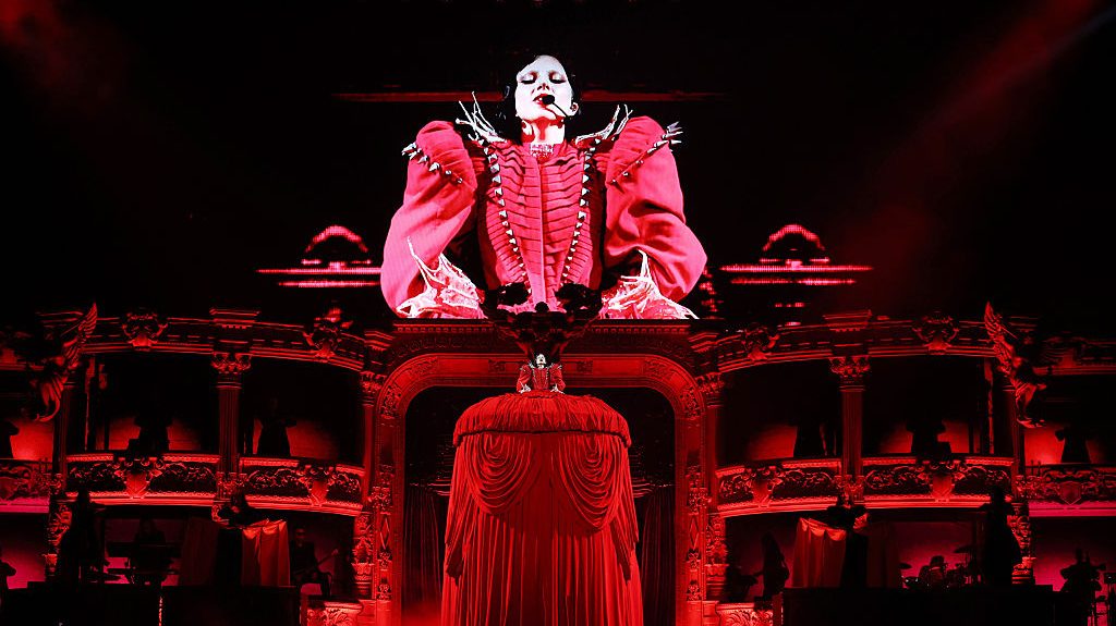 Lady Gaga performs during the kick off of The MAYHEM Ball tour at T-Mobile Arena