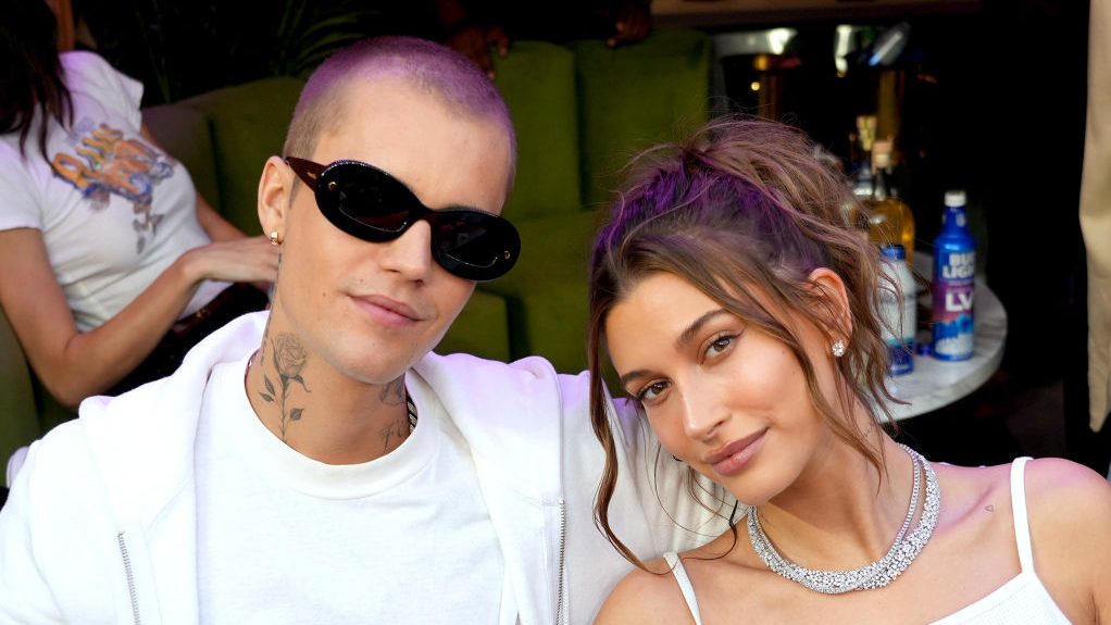 Justin Bieber and Hailey Bieber attend Super Bowl LVI at SoFi Stadium