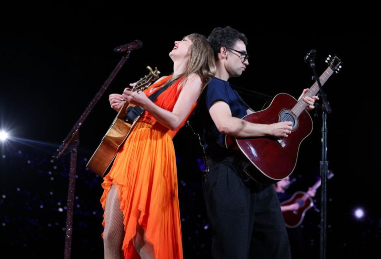 Taylor Swift and Jack Antonoff perform onstage during "Taylor Swift | The Eras Tour" at Wembley Stadium on August 20, 2024 in London