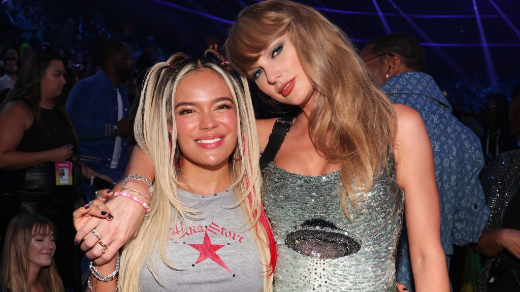 Karol G and Taylor Swift at the 2024 MTV Video Music Awards held at UBS Arena on September 11, 2024 in Elmont, New York