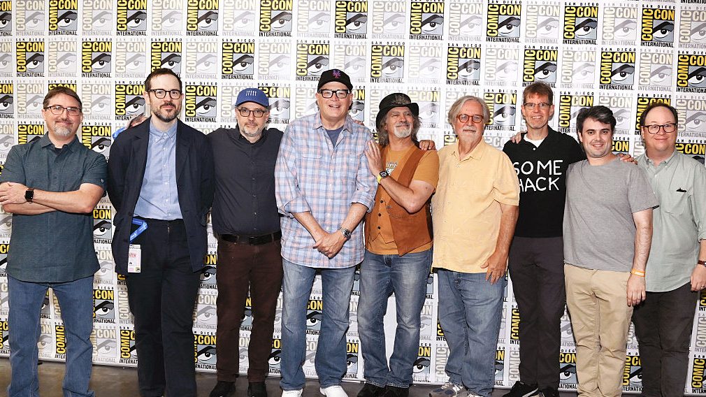 Matt Faughnan, Jesse David Fox, Matt Selman, Michael Price, David Silverman, Matt Groening, Ward Sutton, Michael Cusack and Mike McMahan attend "The Simpsons" panel during 2025 Comic-Con International: San Diego at San Diego Convention Center on July 26, 2025 in San Diego, California