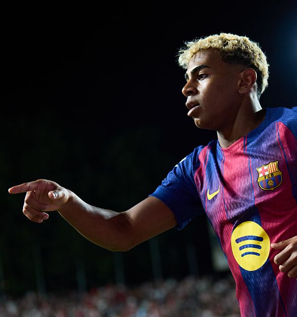 Lamine Yamal of FC Barcelona gestures during the LaLiga EA Sports match between Rayo Vallecano de Madrid