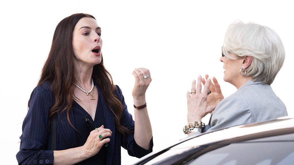 Anne Hathaway and Meryl Streep are seen on the set of "Devil Wears Prada 2" on July 29, 2025 in New York City. (Photo by BG048/Bauer-Griffin/GC Images)