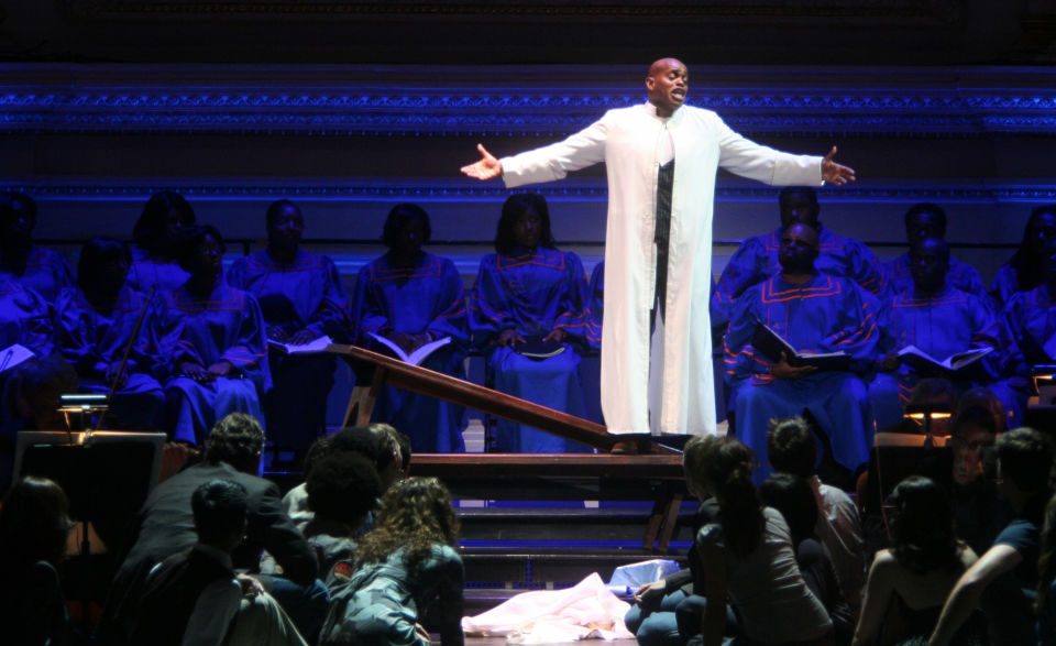 Baltimore Symphony Orchestra in Leonard Bernstein's "Mass" at Carnegie Hall on Friday night, October 24, 2008.The orchestra was joined by Street Chorus, Morgan State University Choir, Brooklyn Youth Chorus and Stony Brook University Marching Band.This image;Jubilant Sykes, in white, as Celebrant. (Photo by Hiroyuki Ito/Getty Images)