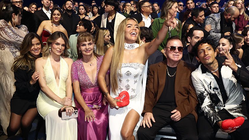 LAS VEGAS, NEVADA - NOVEMBER 13: (L-R) Jessica Giraldo, Verónica Giraldo Navarro, Martha Navarro, Karol G and Guillermo Giraldo attend the 26th Annual Latin Grammy Awards at the MGM Grand Garden Arena on November 13, 2025 in Las Vegas, Nevada.